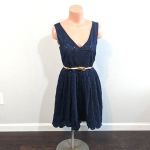Karl Lagerfeld Navy Blue Floral Eyelet Fit and Flare Dress // Size 8